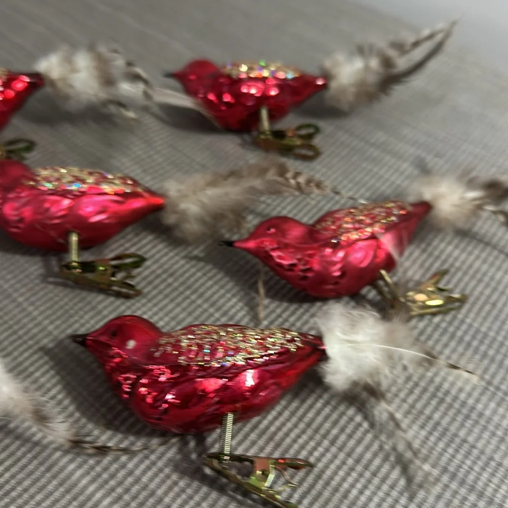 7 Vintage Glass Red Bird Clip-On Christmas Ornament Real Feather Tails Glitter